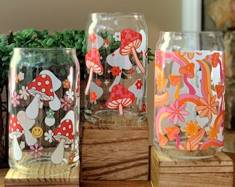 Retro Floral Mushroom Glass | Mushroom Glass Cup | Floral Glass Cup | Retro Glass Cup