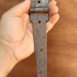 May include: A rusty metal hinge with a decorative fleur-de-lis design at the top and bottom. The hinge is made of iron and has a hammered finish.