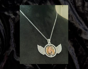 Personalized SILVER SINGLE-SIDED (One Photo) Diamond Encrusted Angel Wings Photo Necklace Pendant Gift Box