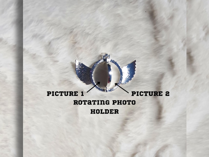 Puede incluir: Portafotos giratorio plateado con alas. El portafotos est&aacute; dise&ntilde;ado para sostener una foto o imagen peque&ntilde;a. Las alas est&aacute;n a cada lado del portafotos. El portafotos est&aacute; etiquetado como "Picture 1" y "Picture 2".