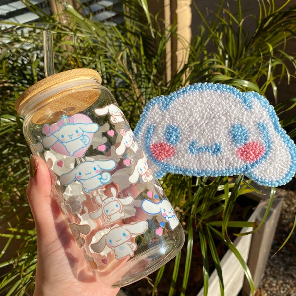 Cute CINNAMOROLL Sanrio libbey glass cup with bamboo lid and glass straw 16oz | HANDMADE Punch Needle Coaster Mug Rug Hand gift uv dtf uvdtf
