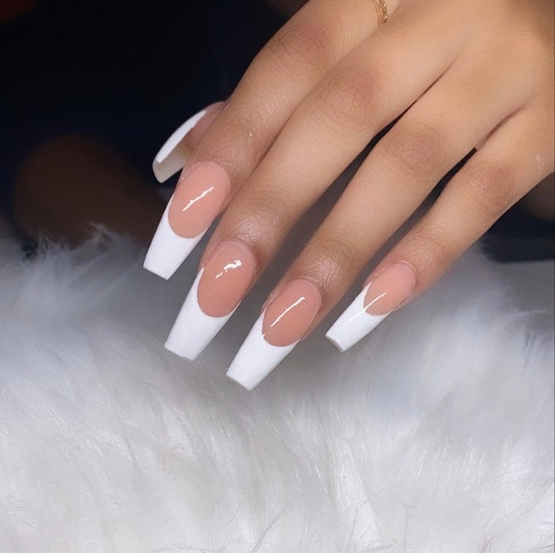 Long Coffin French white nude Matte Press On Nails image 0