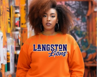 May include: Orange sweatshirt with the text "Langston Lions" in navy blue lettering.