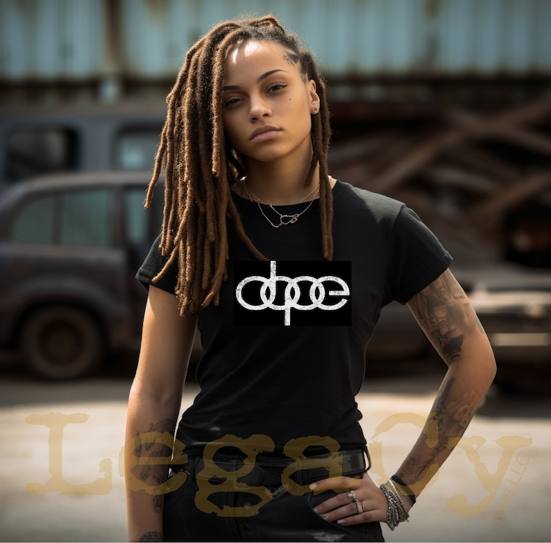 May include: A black t-shirt with a white graphic of the word "dope" in a stylized font that resembles the Audi logo.