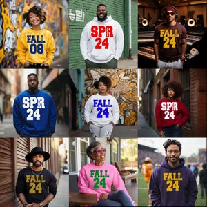 Puede incluir: Un grupo de personas con sudaderas de varios colores, incluyendo amarillo, blanco, marrón, azul, rojo, negro, rosa y morado. Las sudaderas muestran el texto "FALL 08", "SPR 24" y "FALL 24".