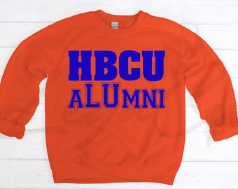 May include: Orange sweatshirt with the text "HBCU ALUMNI" in blue.