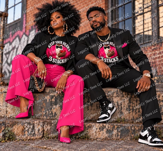 Keep Your Heart 3 Stacks Sweatshirt, Pink Tuxedo Heart Graphic, Unisex Statement Crewneck, Hip Hop Inspired Streetwear