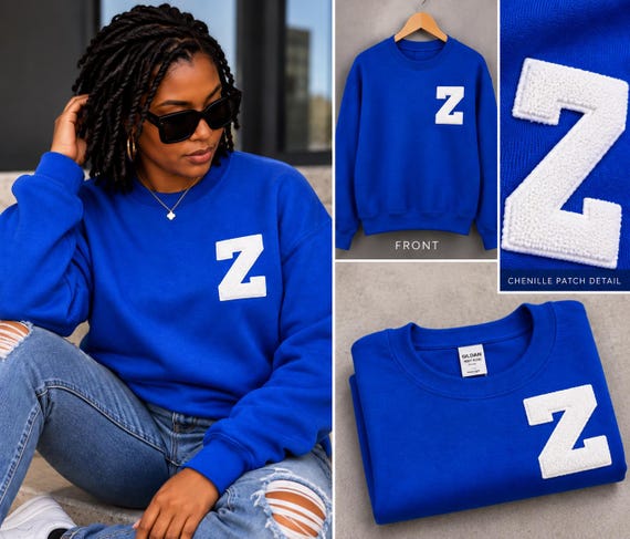 Royal Blue & White Chenille Zeta Letter Sweatshirt | Varsity Greek Inspired Crewneck | Collegiate Patch Sweater