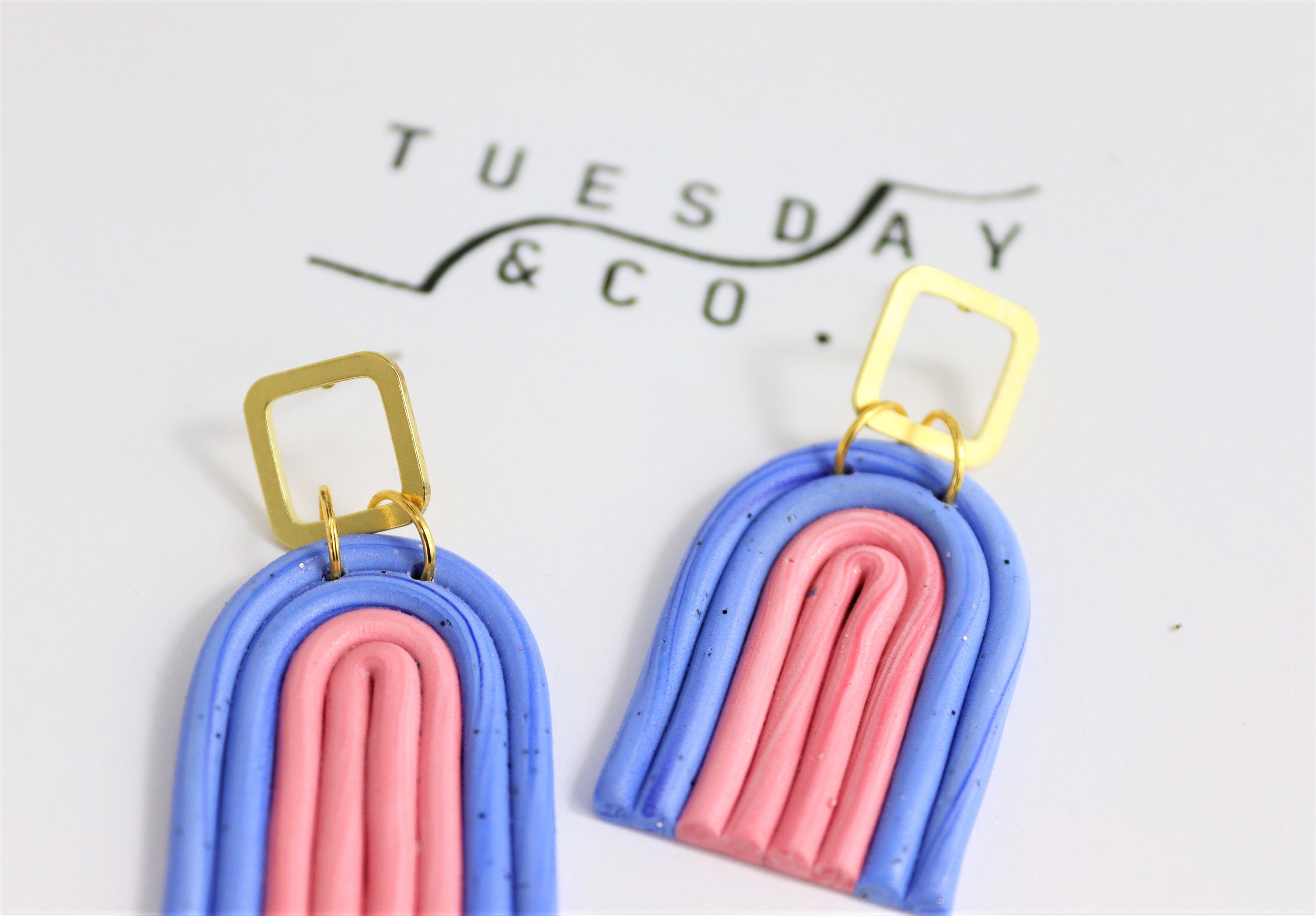 Pink and Blue Brass Rainbow Dangle Polymer Clay Earrings Etsy UK