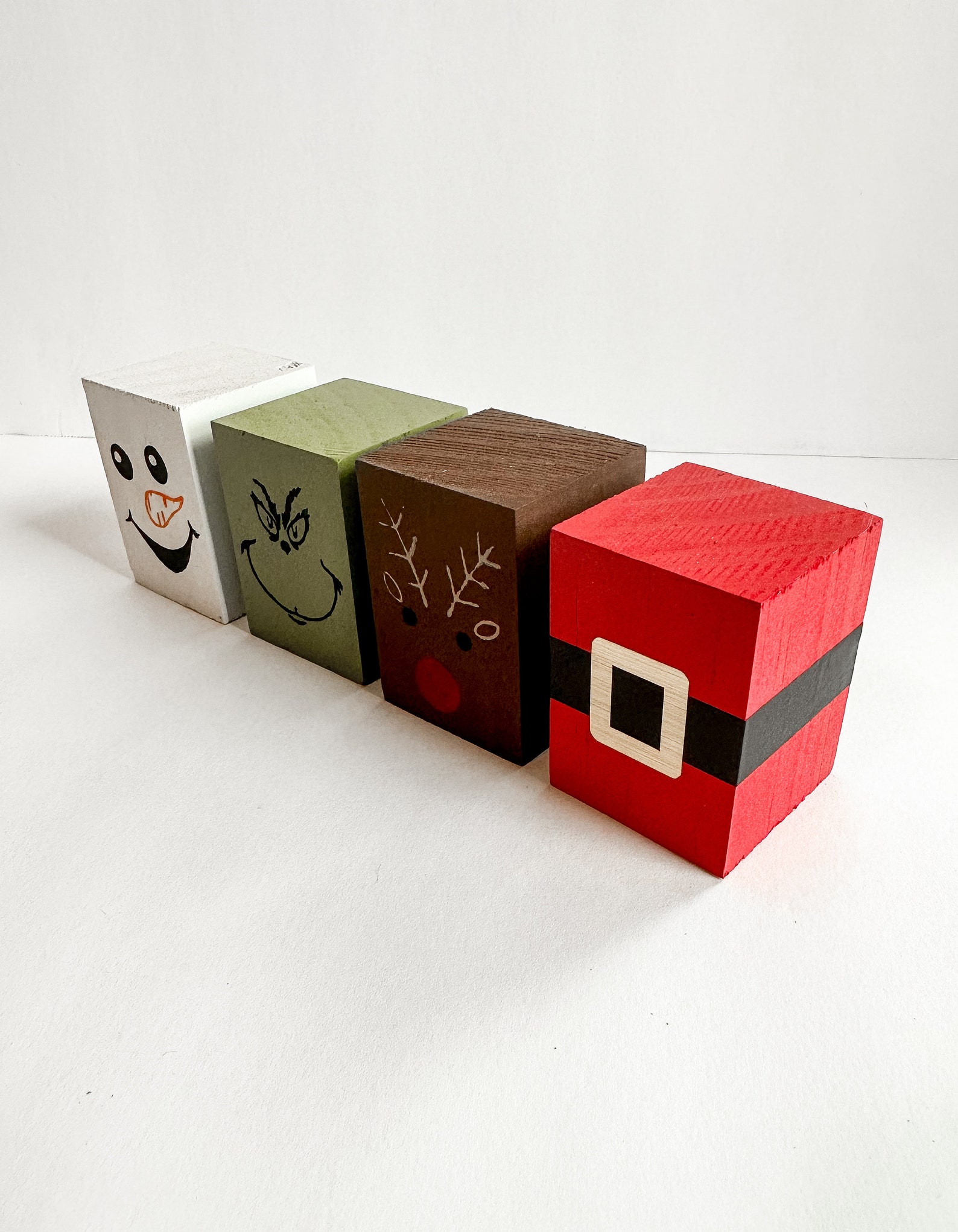 Wooden Christmas Blocks, Set of 4 Santas Belt, Snowman, Green Grouch