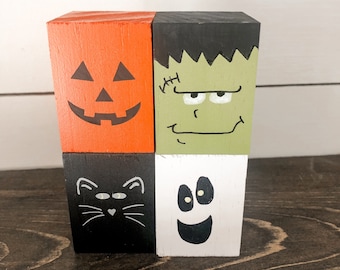 Wooden Halloween Blocks, set of 4: Frankenstein, Pumpkin, Black Cat, Ghost. Halloween decor, Halloween accent, fun Halloween decor