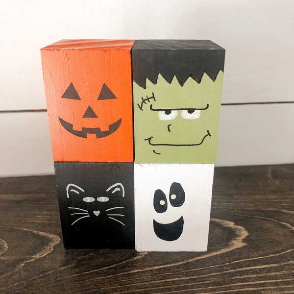 Wooden Halloween Blocks, set of 4: Frankenstein, Pumpkin, Black Cat, Ghost. Halloween decor, Halloween accent, fun Halloween decor