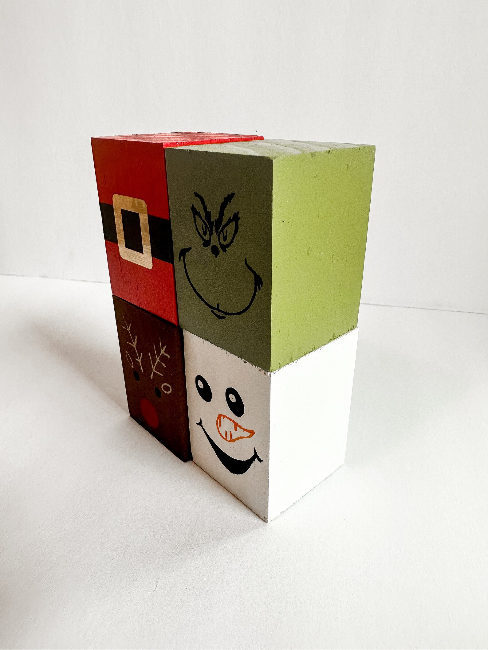 Wooden Christmas Blocks, Set of 4 Santas Belt, Snowman, Green Grouch
