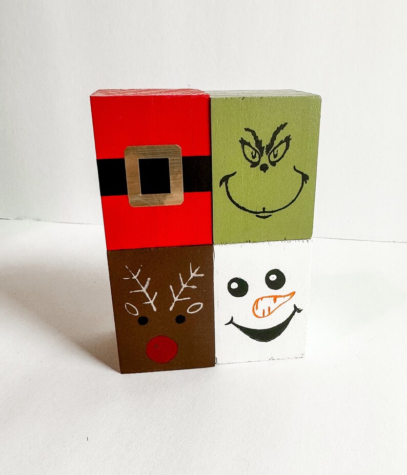Wooden Christmas Blocks, Set of 4 Santas Belt, Snowman, Green Grouch