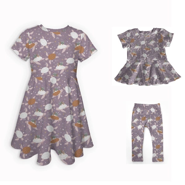 Turtle Dress for Girls, Toddler Girl Twirl Dress Handmade, Spring Outfit Baby Girl, Little Girl Dresses, Girls Peplum Top, Sea Turtle Gifts