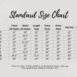 May include: A size chart for children's clothing with measurements in inches for chest, waist, length, dress knee, dress maxi, hip size, and inseam. The chart includes sizes from 2T to 12.