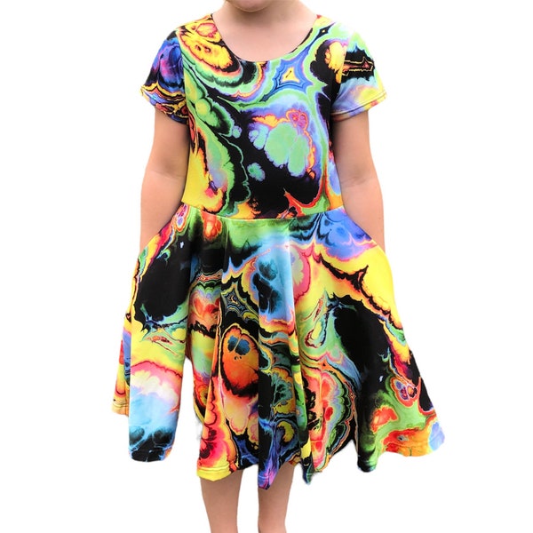 Tie Dye Dress for Girls, Toddler Girl Twirl Dress Handmade, Tie Dye Birthday Outfit, Peplum Top Little Girl, Tween Girl Clothing, Rainbow