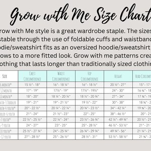 May include: A chart showing sizes for a grow-with-me style of clothing. The chart includes measurements for chest, waist, hip, height, and head circumference. The sizes range from 0-6 months to 9-12 youth.