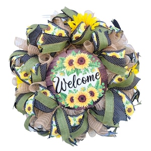 Welcome Sunflower door Wreath, Farmstyle sunflower wreath, everyday sunflower wreath, sunflower home decor, Outdoor Sunflower wreath