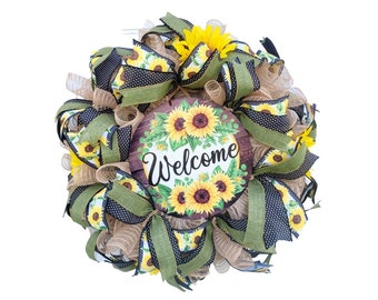 Welcome Sunflower door Wreath, Farmstyle sunflower wreath, everyday sunflower wreath, sunflower home decor, Outdoor Sunflower wreath