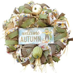 An adorable Scarecrow for Autumn!!!  Welcome Autumn Scarecrow Wreath – Handmade Fall Door Decor