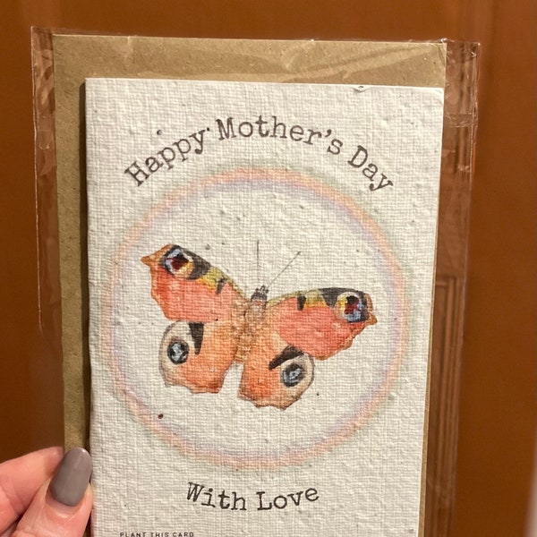 Plantable Mother’s Day card, peacock butterfly card, card for mum, eco friendly, wildflowers, gift for nature lover, charity donation inc