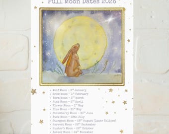 Uk Full moon dates 2026 keepsake, moon gazing hare,  altar decor, grimoire pages, moon phases, full moon gift, witchy gift, lunar calendar,