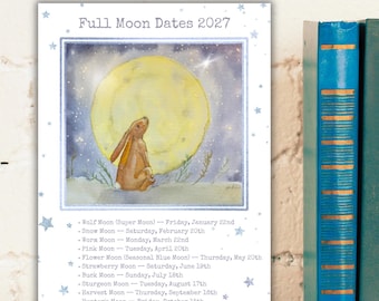 Uk Full moon dates 2027 keepsake, moon gazing hare,  altar decor, grimoire pages, moon phases, full moon gift, witchy gift, lunar calendar,