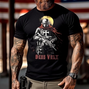 Deus Vult Tee, Crusader Shirt, Christian Gift, Tactical Faith, Futuristic Top, Holy Warrior, Bold Graphic, Templar Knight, Faith Design