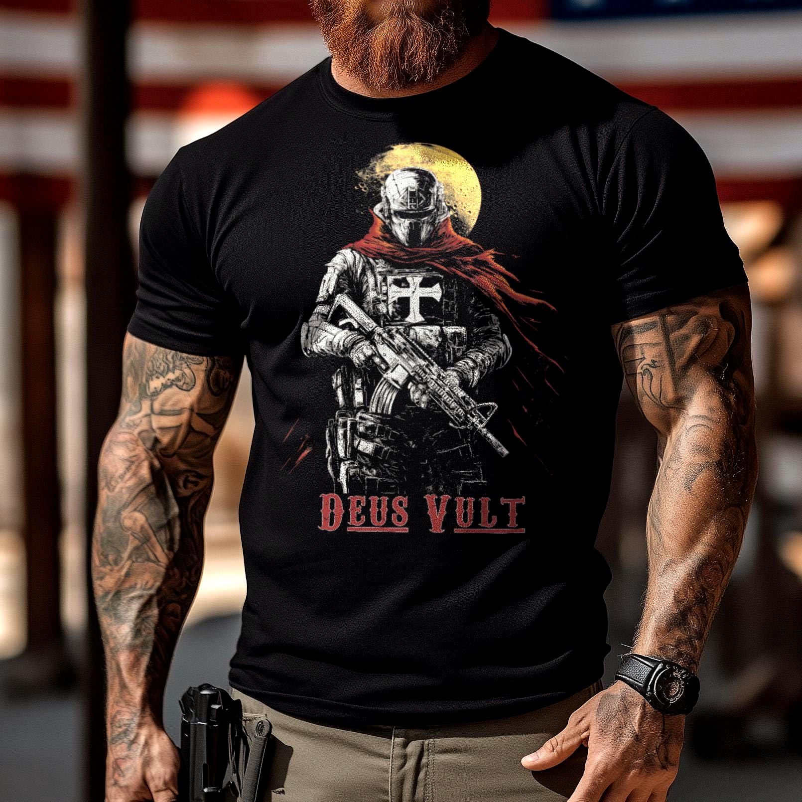 Deus Vult Tee: Futuristic Crusader, Tactical Faith Shirt