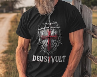 Deus Vult Crusader Shield T-Shirt: Templar Cross Christian Warrior Tee