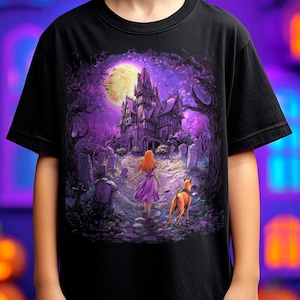 Camiseta infantil de casa mal-assombrada: desenho animado assustador, castelo gótico, camiseta de Halloween
