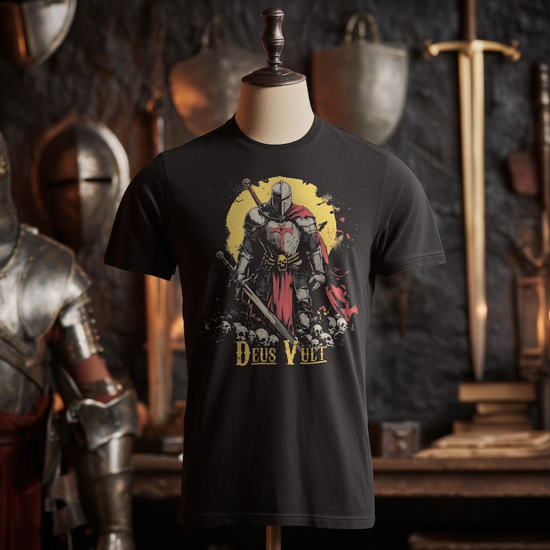 Deus Vult Crusader Knight T-Shirt: Templar Armor, Christian Warrior Graphic image 1