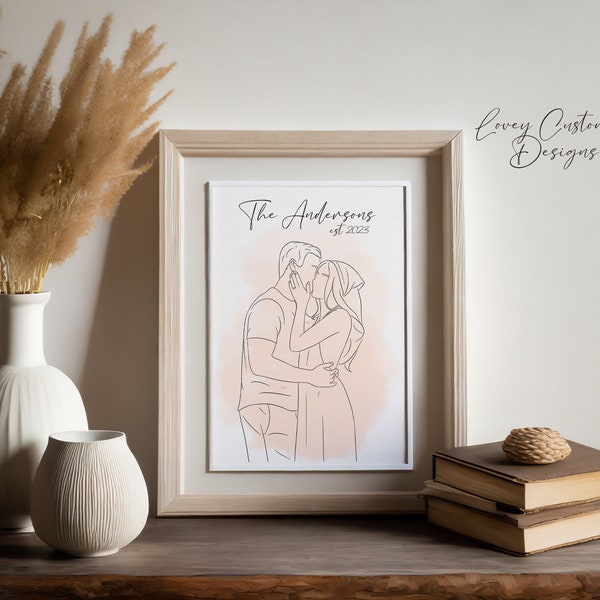 Modern Minimalist Line Drawing Illustration Gift Anniversary Birthday Engagement Bridal Shower Family Portrait Customized Illustration