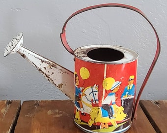 Cutest vintage tinplate toy watering can~Red and green original paintwork~Lovely shape~A sweet childhood treasure