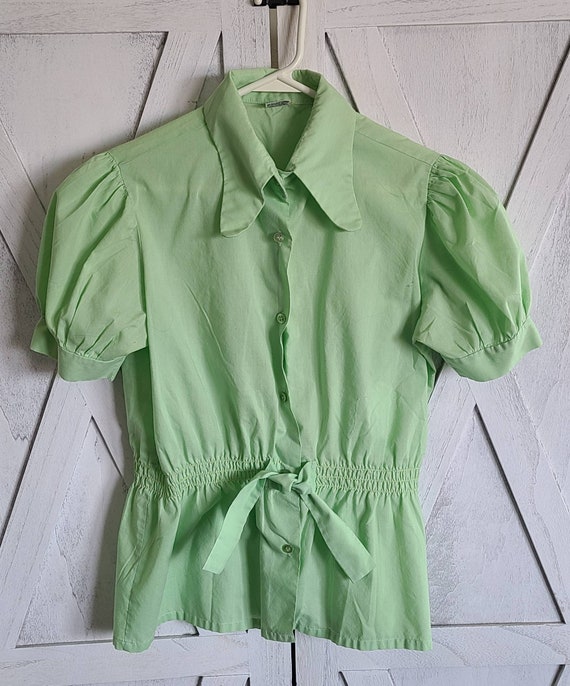 Vintage 1970s girls button up, green blouse. - image 1