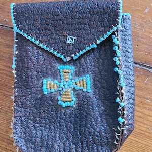 Vintage Leather Pouch with Beaded Trim and Beaded Design on front and back.