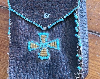 Vintage Leather Pouch with Beaded Trim and Beaded Design on front and back.