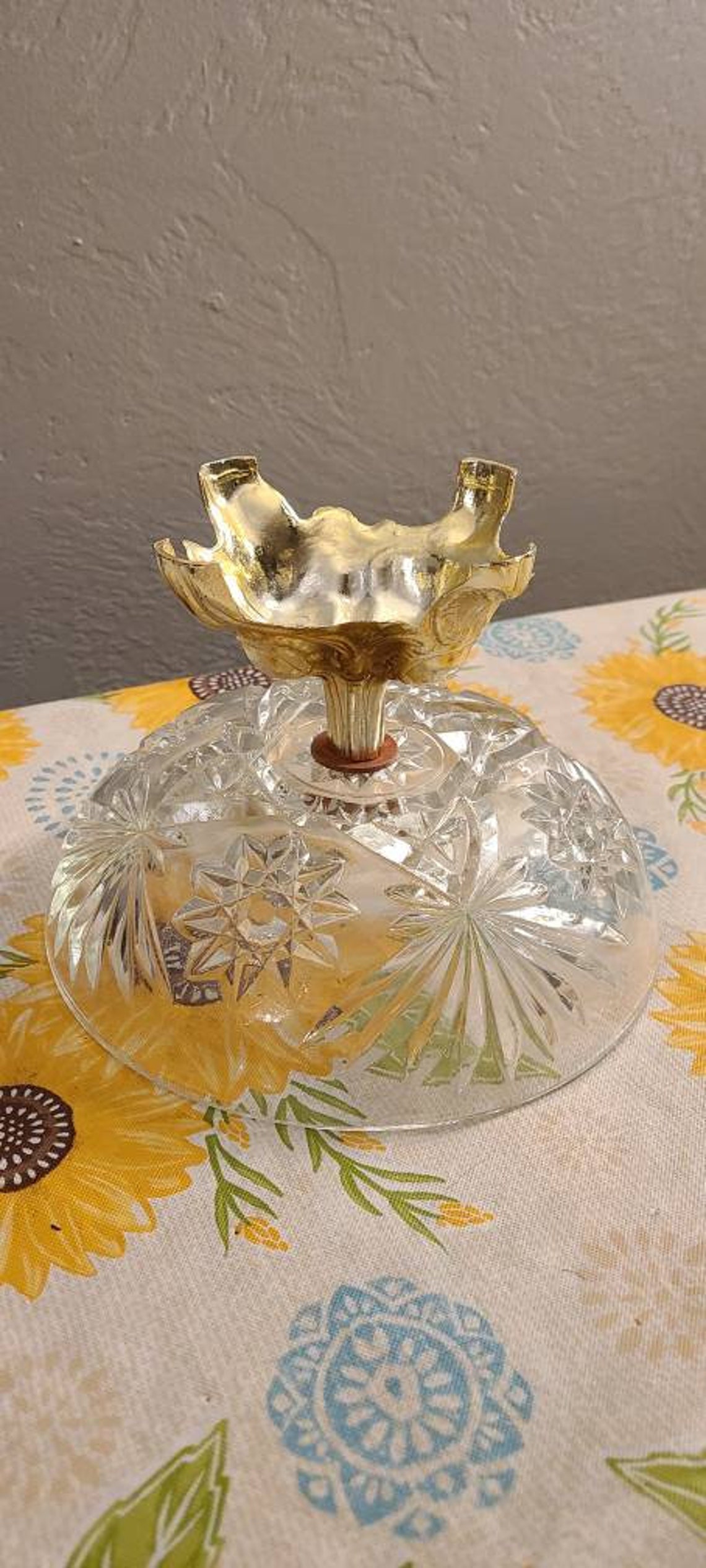 Vintage glass candy bowl with lid on a pressed metal stand. Etsy