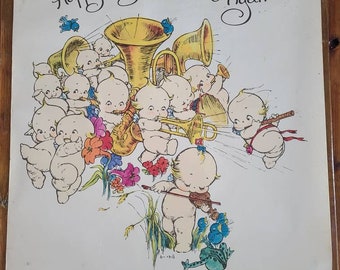 Early 1900's Rose O'Neill Illistration of Kewpie Dolls, with the inscription "Happy Days Are Here Again!"