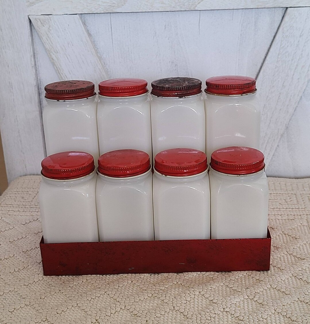 Set of 8 Vintage Milk Glass Spice Shakers and Containers. Etsy
