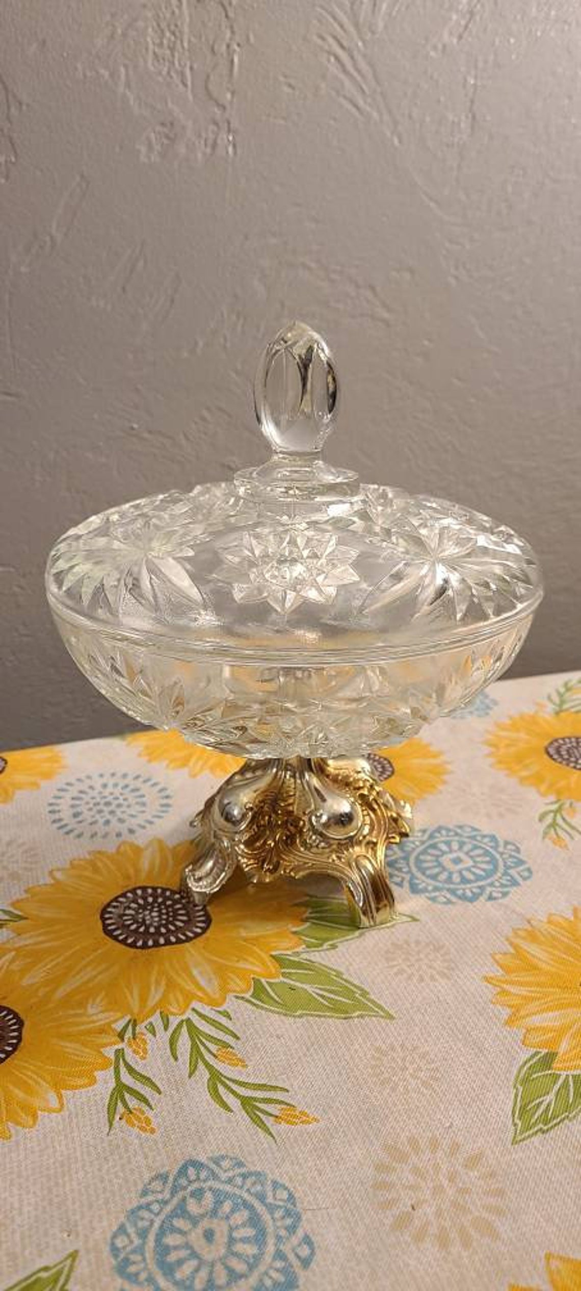 Vintage glass candy bowl with lid on a pressed metal stand. Etsy