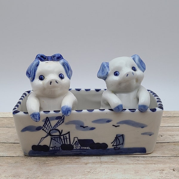 Vintage Blue Delft Piglet Salt and Pepper Shakers in Matching Dish