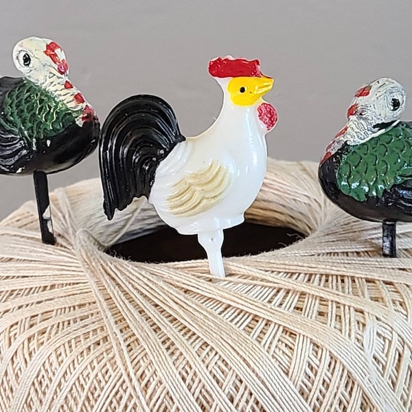 Vintage Cake or Sandwich decorative picks. With 3 bonus picks, 2 Turkeys and 1 Rooster.