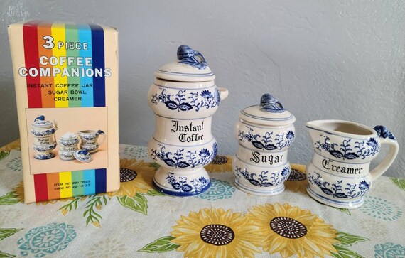Vintage Coffee Companions, Instant Coffee Jar, Creamer, and Sugar Bowl. New in the box.