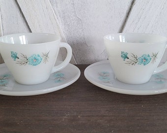 Vintage set of 2 Fire King Bonnie Blue Matching Tea Cup and Saucer.