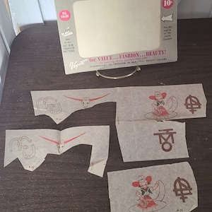 May include: A set of iron-on transfer patterns for decorating clothes. The patterns include a cowboy boot, a cowboy hat, a lasso, a steer skull, and a horseshoe. The patterns are printed on white paper and are ready to be ironed onto fabric.
