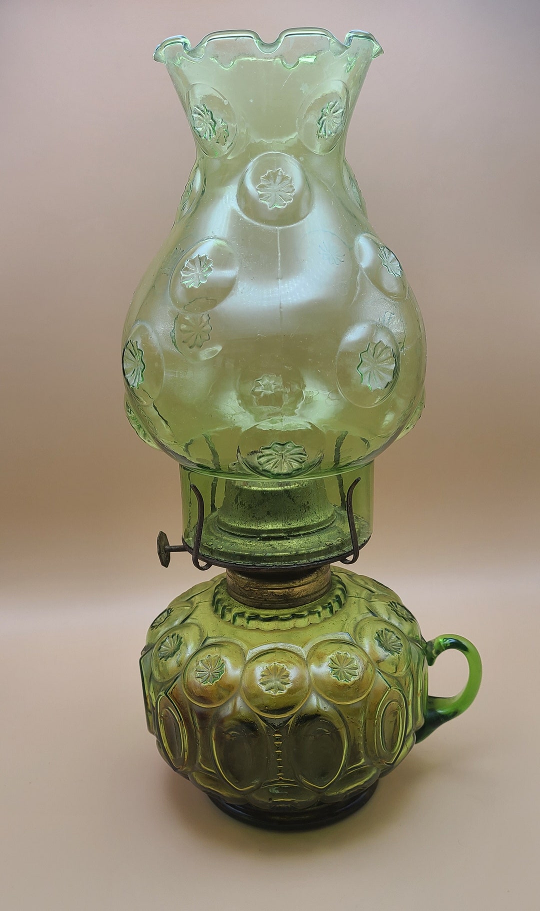 Vintage LE Smith Moon and Stars Olive Green Glass Oil Lamp Etsy