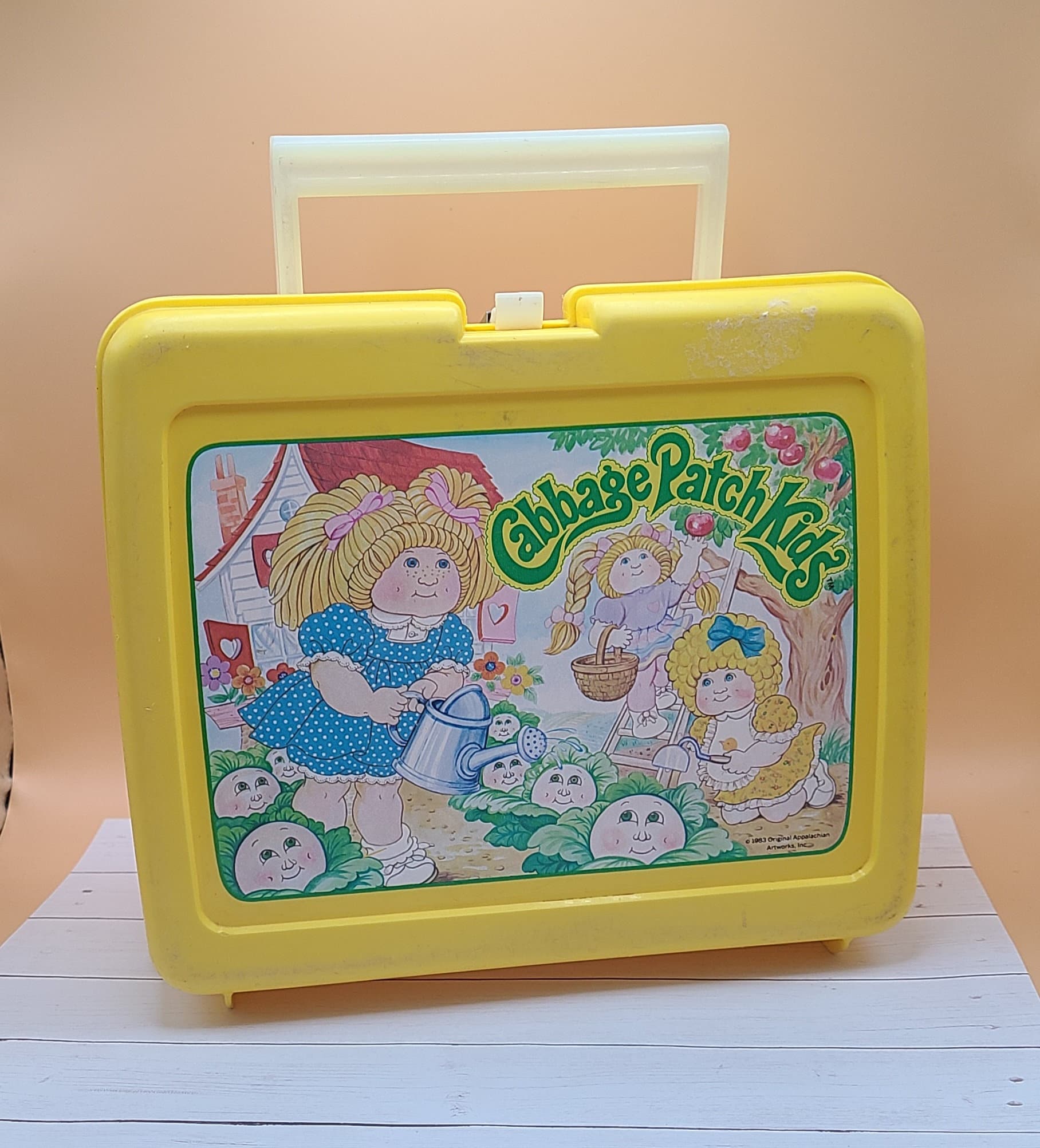 Vintage Cabbage Patch Kids Lunch Box 1985 Yellow Plastic w/ Thermos &  Handle