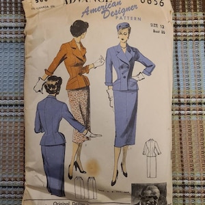 May include: Vintage sewing pattern for a women's suit. The pattern is from Advance American Designer, pattern number 6656, size 12, bust 30. The pattern features a double-breasted jacket with a skirt and a matching skirt suit.